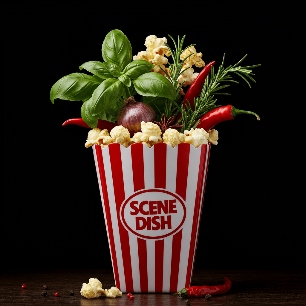 A SceneDish popcorn bucket overflowing with fresh basil, rosemary and chillies
